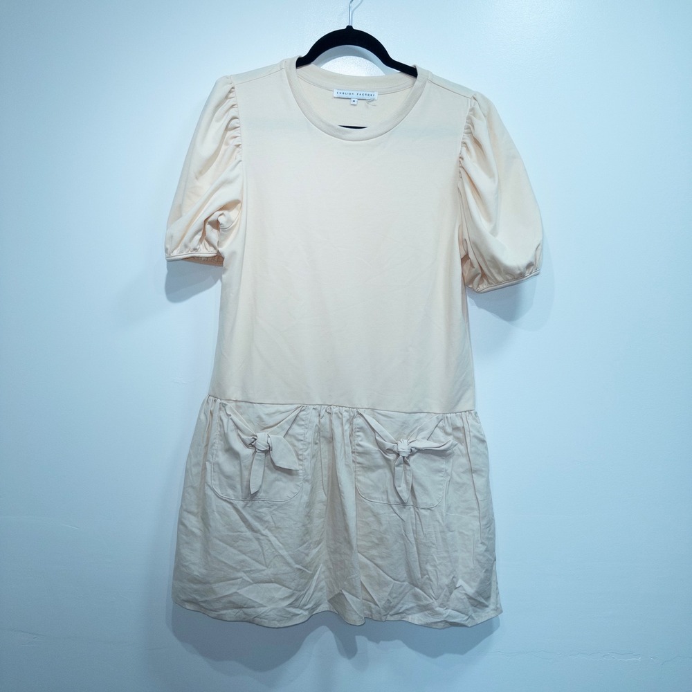 New English Factory Ecru Beige Babydoll Bow Detail Dress Medium